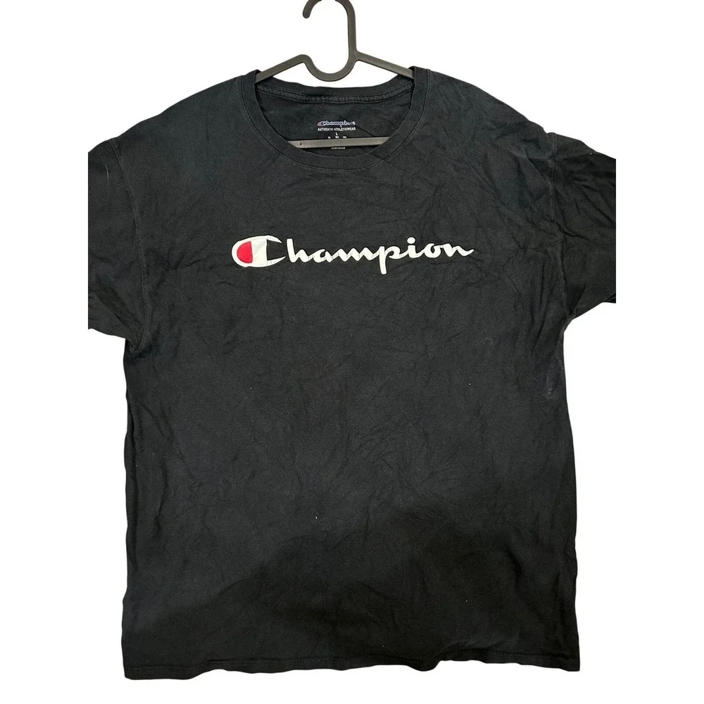 Champion Mens Script Logo Graphic T-Shirt Black Large Short Sleeve Tee - Picture 1 of 7